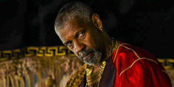 Macrinus (Denzel Washington) casting a piercing gaze in Gladiator II